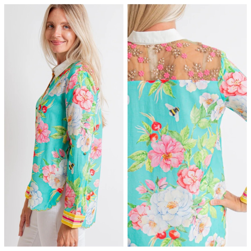 Aratta Turquoise Floral Beaded Back Blouse